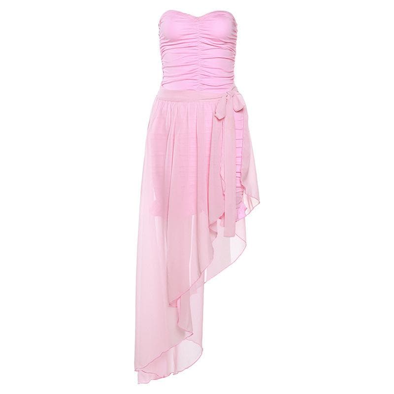 BerryBetty - Chiffon ruffle solid irregular ruched self tie tube midi dress