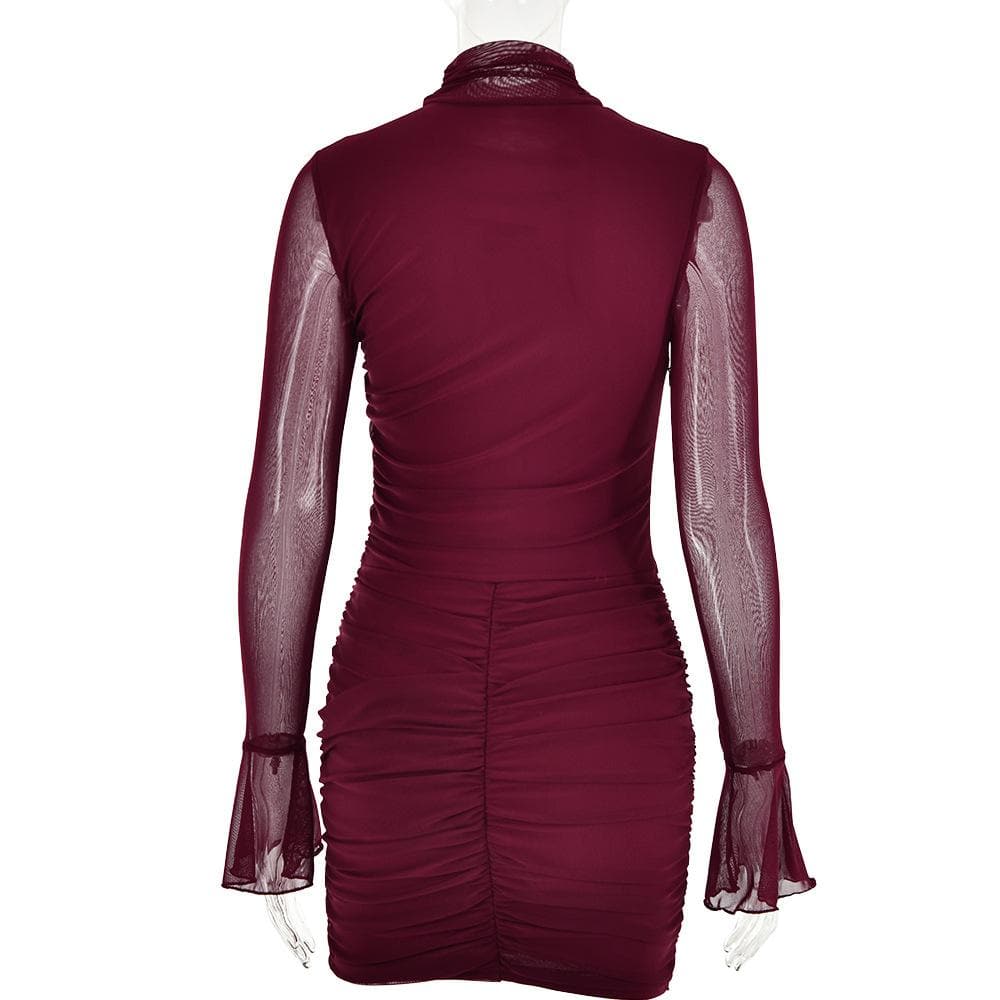 BerryBetty - Mesh solid long sleeve turtle neck ruched zip-up mini dress