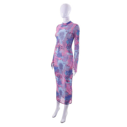 BerryBetty - Sheer mesh see through flower print contrast gloves long sleeve maxi dress