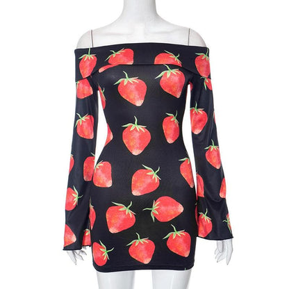 BerryBetty - Off shoulder long sleeve strawberry print contrast mini dress
