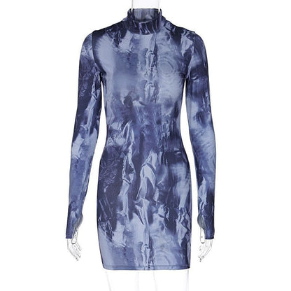 BerryBetty - Tie dye long sleeve high neck gloves contrast mini dress