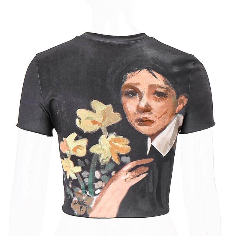 BerryBetty - Oil painting pattern short sleeve crop top