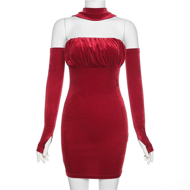 BerryBetty - Velvet solid ruched gloves halter mini dress