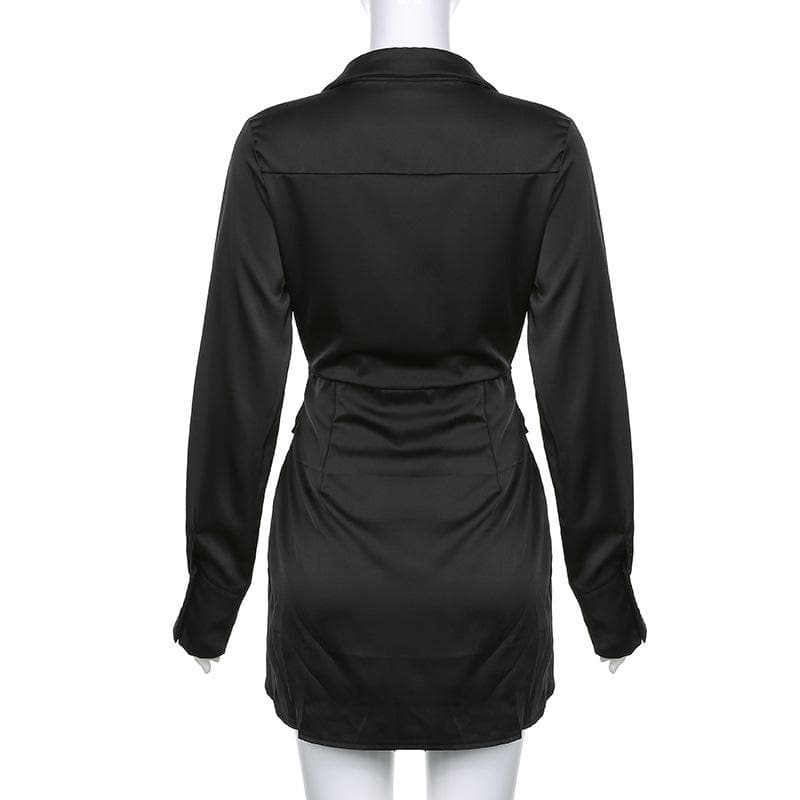 BerryBetty - Satin zip-up solid long sleeve turnover collar ruched mini dress