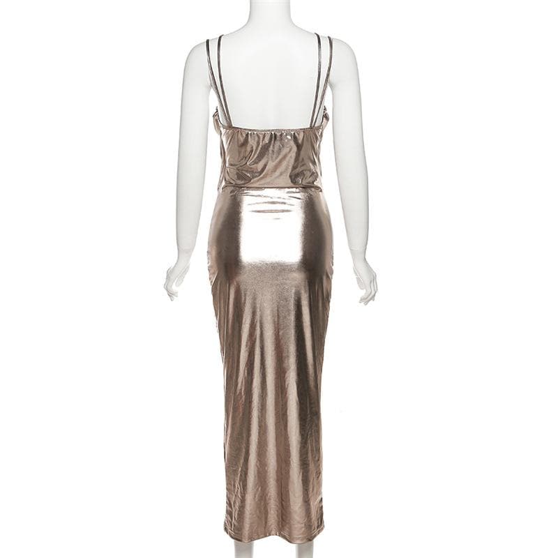 BerryBetty - Metallic ruched backless patchwork solid midi dress