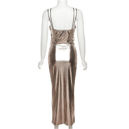 BerryBetty - Metallic ruched backless patchwork solid midi dress