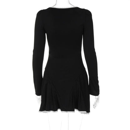 BerryBetty - Lace hem contrast long sleeve u neck lace up mini dress