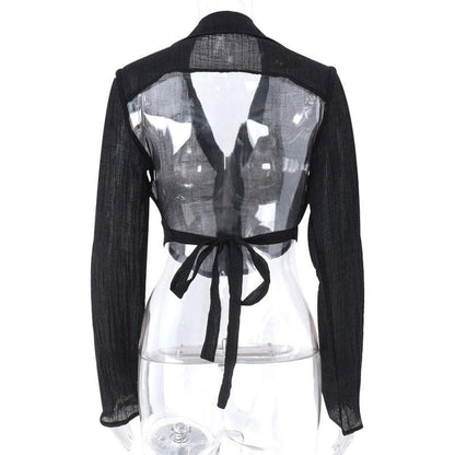 BerryBetty - Long sleeve solid turnover collar v neck button backless self tie crop top