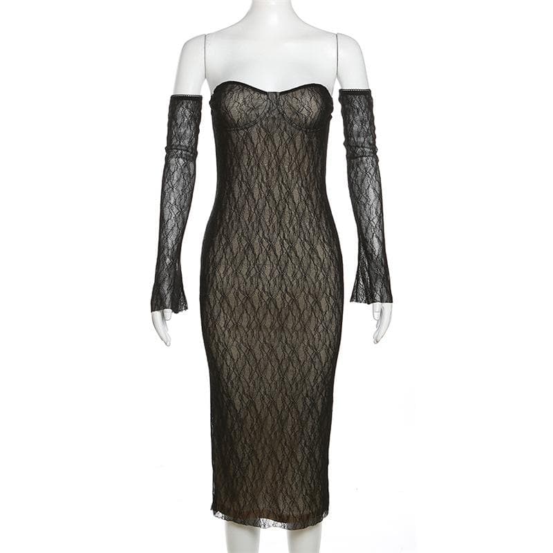 BerryBetty - Lace gloves sweetheart neck backless tube midi dress