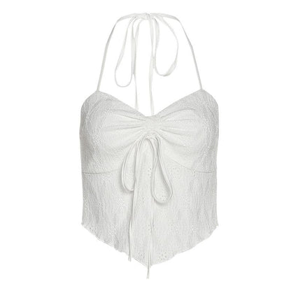 BerryBetty - Backless self tie textured halter sleeveless ruffle crop top