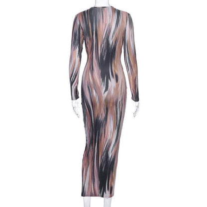 BerryBetty - Long sleeve deep v neck knotted print maxi dress