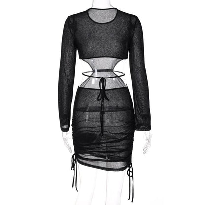 BerryBetty - See through long sleeve ruched open back drawstring dress