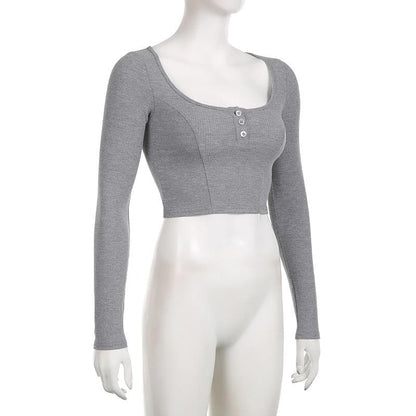 BerryBetty - Button long sleeve square neck solid crop top - Final Sale