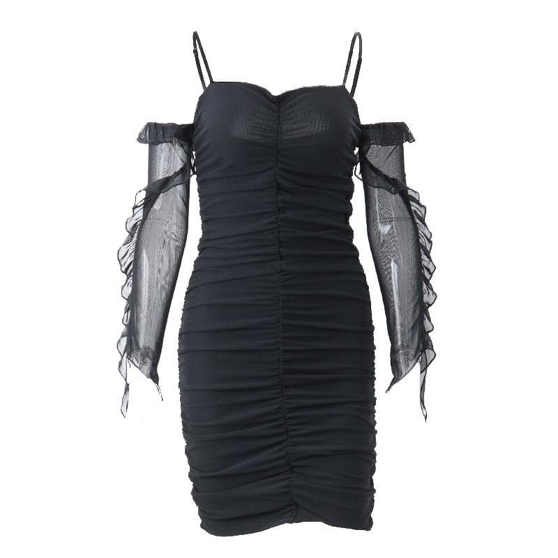 BerryBetty - Solid ruched backless ruffle mesh mini dress