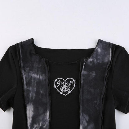 BerryBetty - Contrast tie dye gloves ruffle drawstring short sleeve crop top
