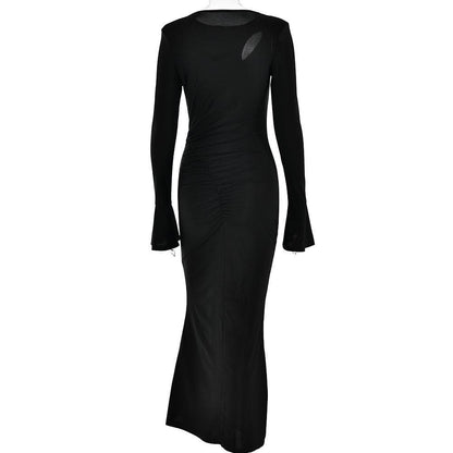 BerryBetty - Ruched solid hollow out irregular long sleeve maxi dress