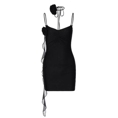 BerryBetty - Flower applique solid backless v neck ribbon cami mini dress