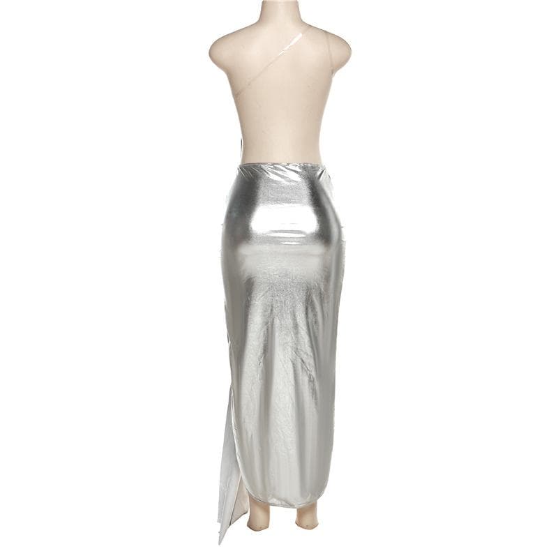 BerryBetty - Metallic one shoulder irregular backless maxi dress