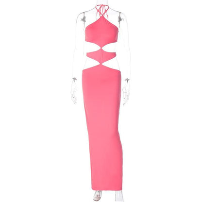 BerryBetty - Halter self tie hollow out backless slit maxi dress