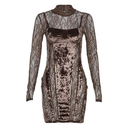 BerryBetty - Velvet patchwork high neck long sleeve lace mini dress