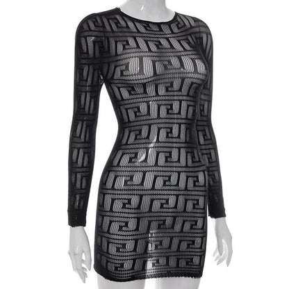 BerryBetty - Fishnet see through long sleeve hollow out mini dress