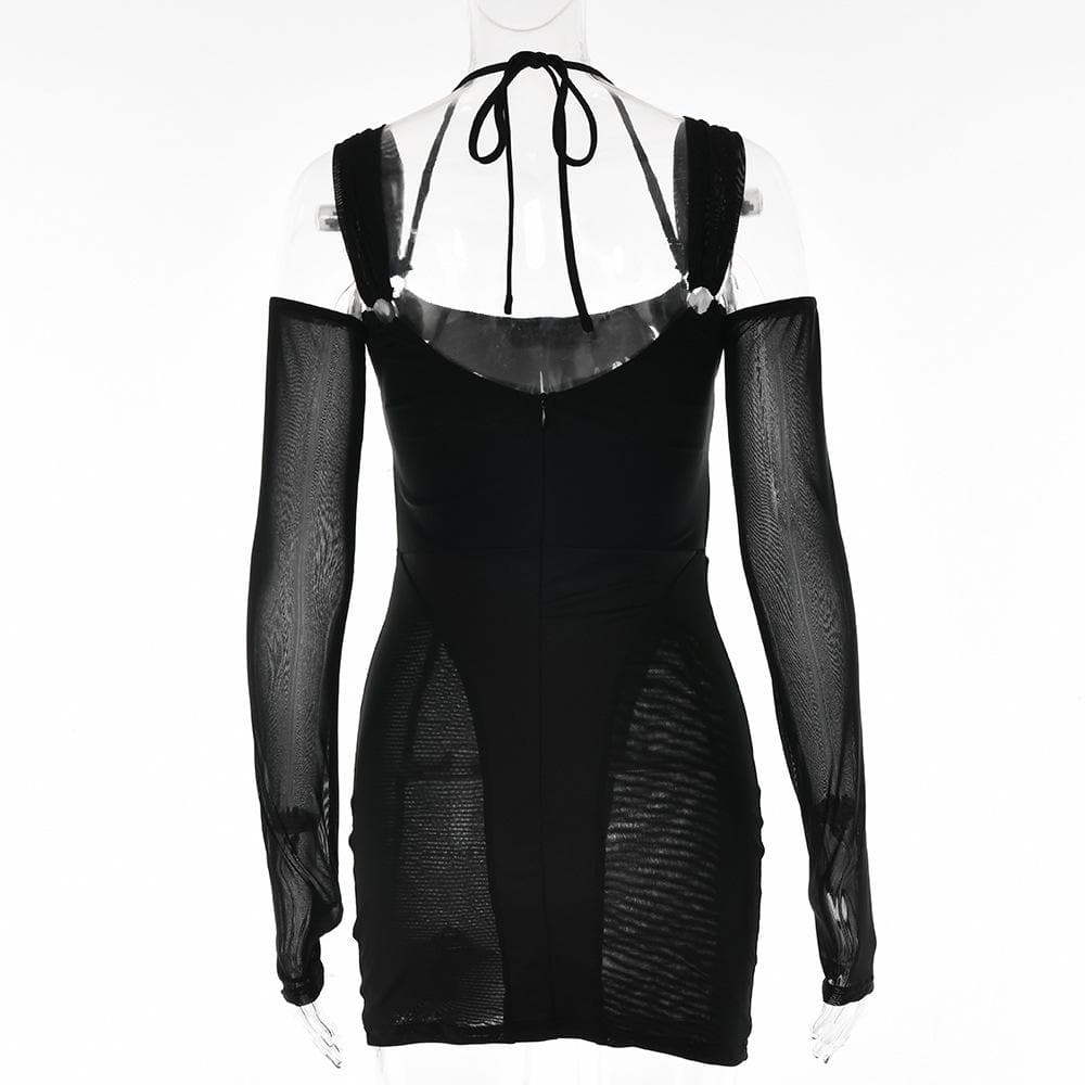 BerryBetty - Gloves mesh corset off shoulder hollow out long sleeve halter mini dress