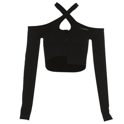 BerryBetty - Cross front hollow out off shoulder button long sleeve crop top