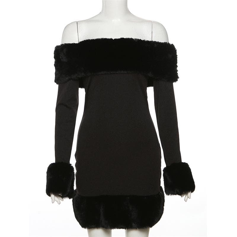 BerryBetty - Fluffy patchwork solid off shoulder long sleeve mini dress