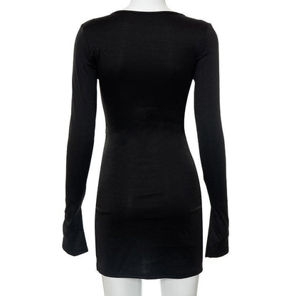 BerryBetty - Long sleeve deep v neck slit solid mini dress