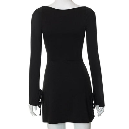 BerryBetty - Long sleeve solid slit square neck self tie mini dress