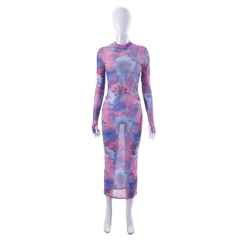 BerryBetty - Sheer mesh see through flower print contrast gloves long sleeve maxi dress