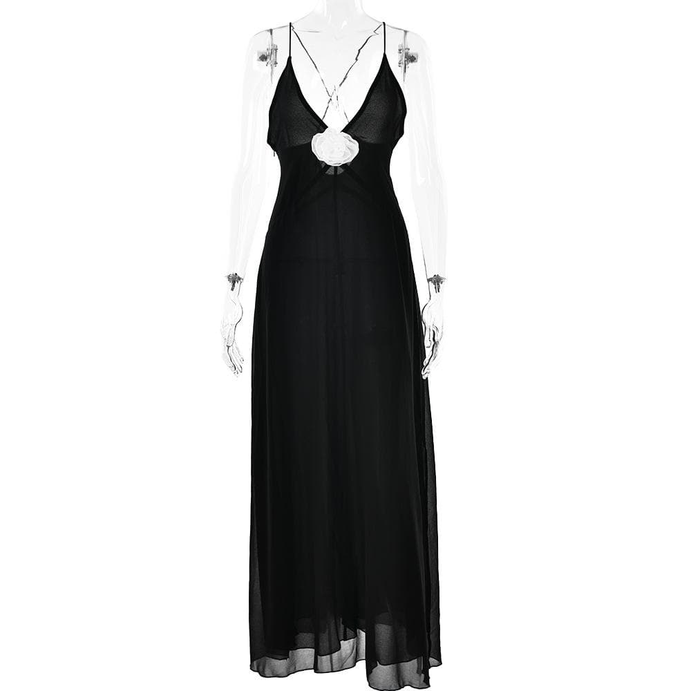 BerryBetty - Flower applique v neck ruched zip-up cross back maxi dress