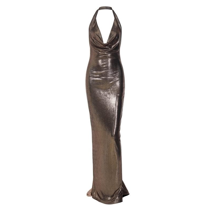 BerryBetty - Metallic cowl neck ruched halter backless maxi dress