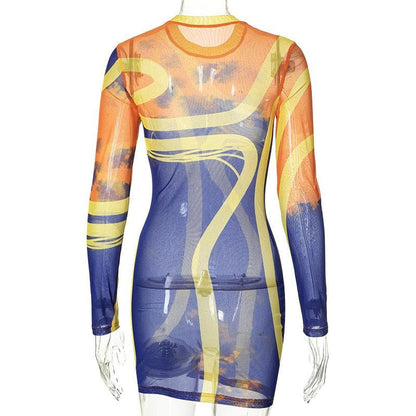 BerryBetty - Sheer mesh see through long sleeve contrast crewneck mini dress