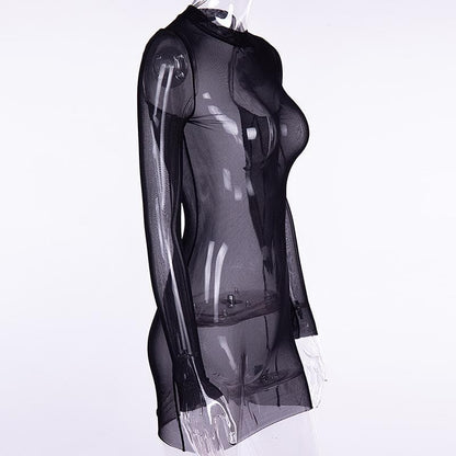 BerryBetty - Sheer mesh see through solid long sleeve mini bodycon dress