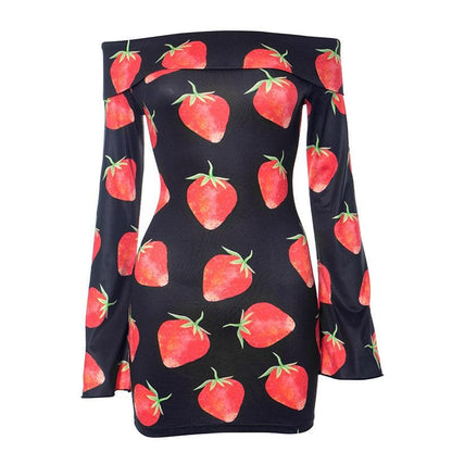 BerryBetty - Off shoulder long sleeve strawberry print contrast mini dress