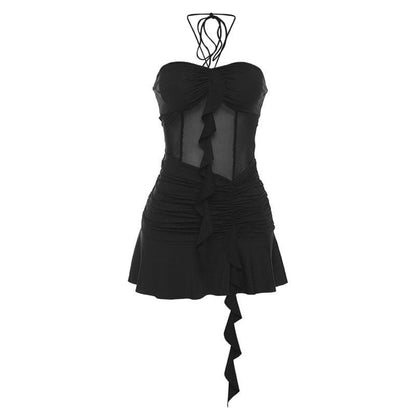 BerryBetty - Mesh patchwork ruffle ruched halter backless mini dress