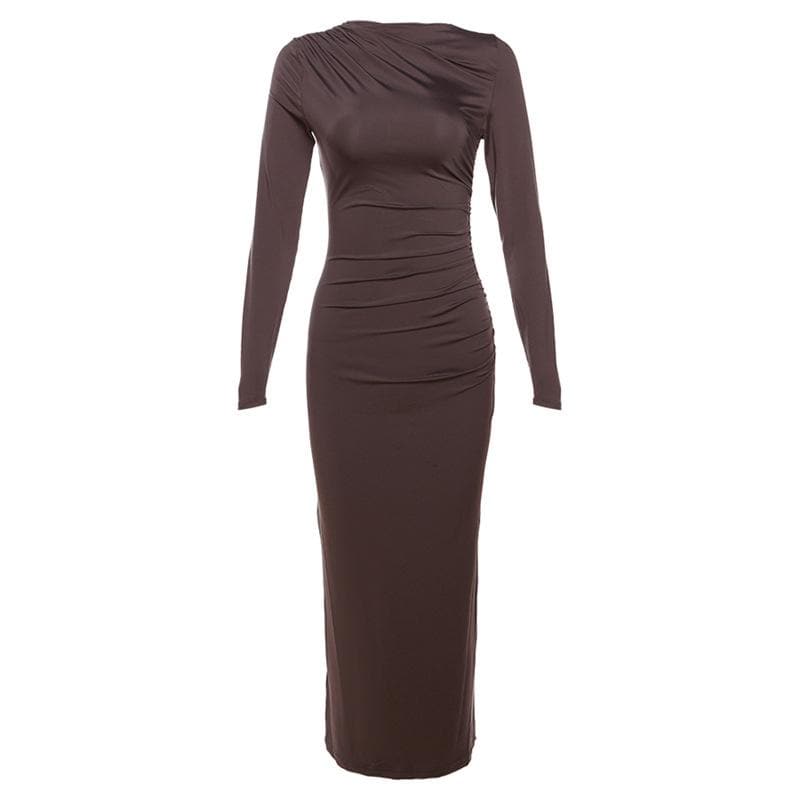 BerryBetty - Ruched solid long sleeve zip-up maxi dress