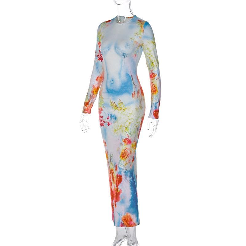 BerryBetty - Long sleeve crewneck flower print contrast maxi dress