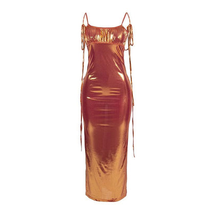 BerryBetty - Metallic ruched backless self tie square neck maxi dress