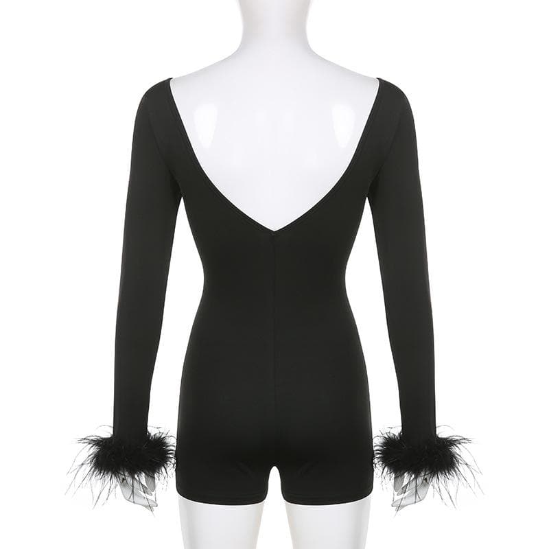 BerryBetty - Feather corset long sleeve backless solid romper