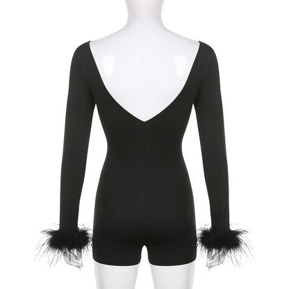 BerryBetty - Feather corset long sleeve backless solid romper