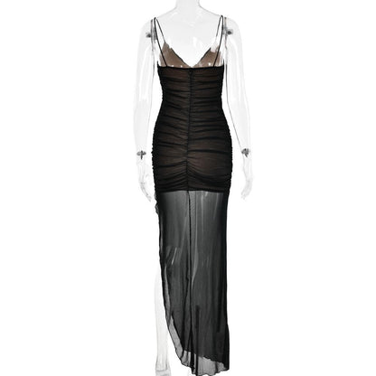 BerryBetty - Mesh v neck ruched slit zip-up spaghetti strap maxi dress