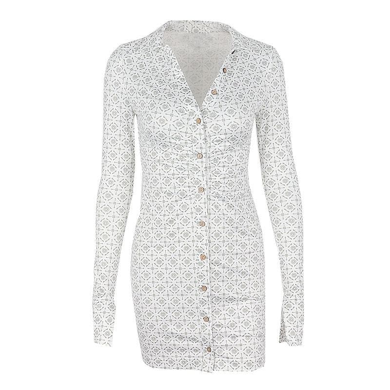 BerryBetty - Turnover collar print button long sleeve mini dress