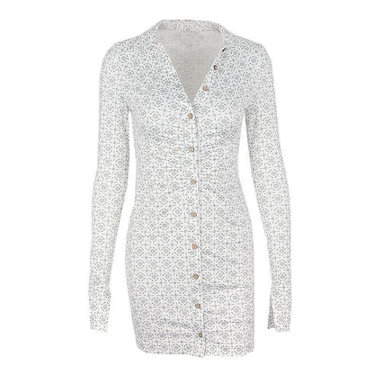 BerryBetty - Turnover collar print button long sleeve mini dress