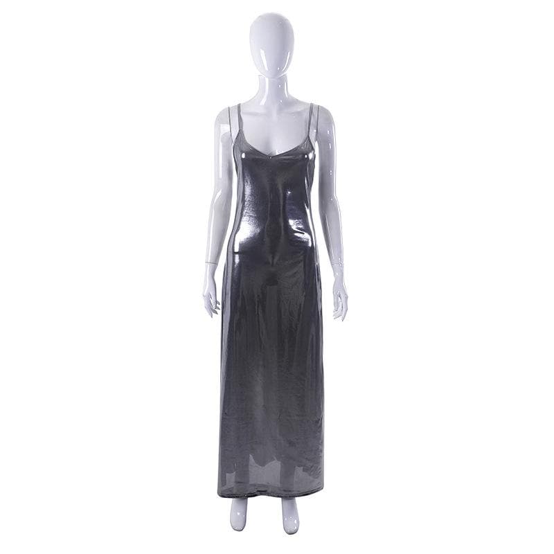 BerryBetty - Metallic v neck backless solid low cut cami maxi dress