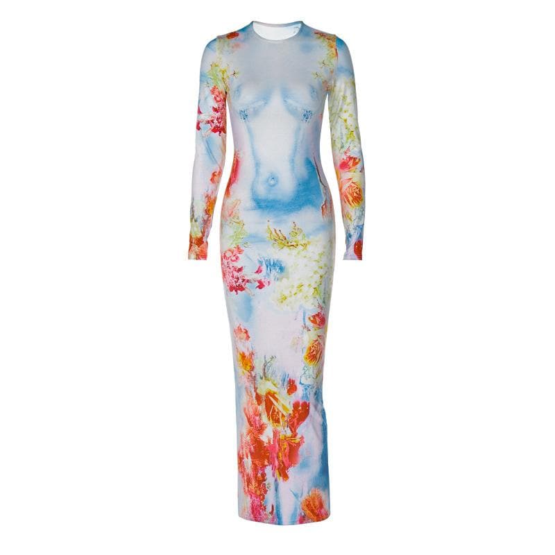 BerryBetty - Long sleeve crewneck flower print contrast maxi dress