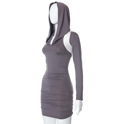BerryBetty - Hoodie ruched shrug long sleeve solid mini dress