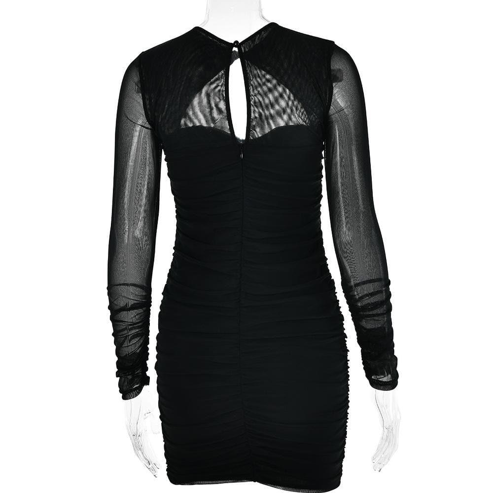 BerryBetty - Hollow out ruched mesh long sleeve zip-up button mini dress