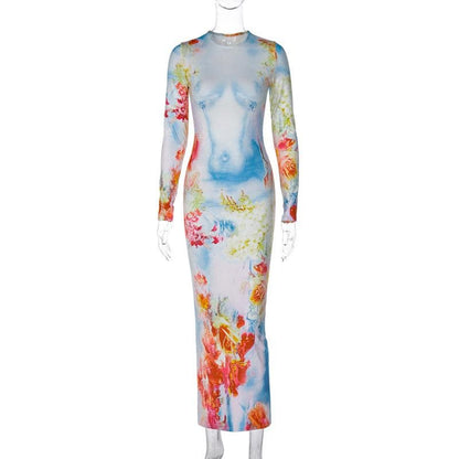 BerryBetty - Long sleeve crewneck flower print contrast maxi dress